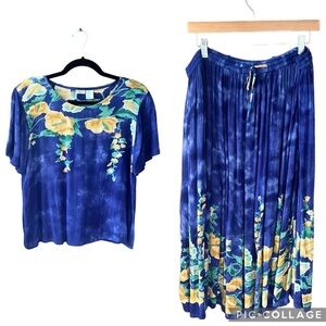 La Cera Vintage 2 PC Skirt Set. Cobalt Blue w Yellow Flowers sz M